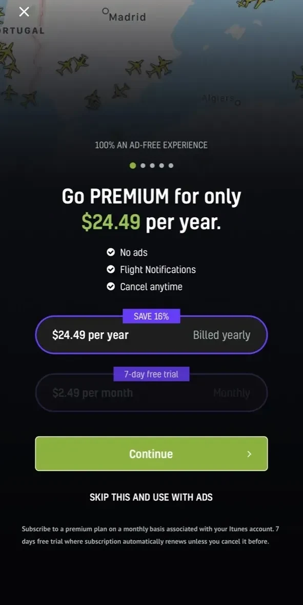 RadarBox paywall screen