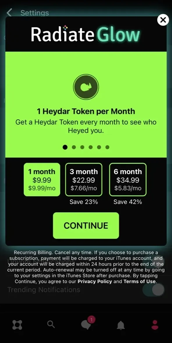 Radiate paywall screen