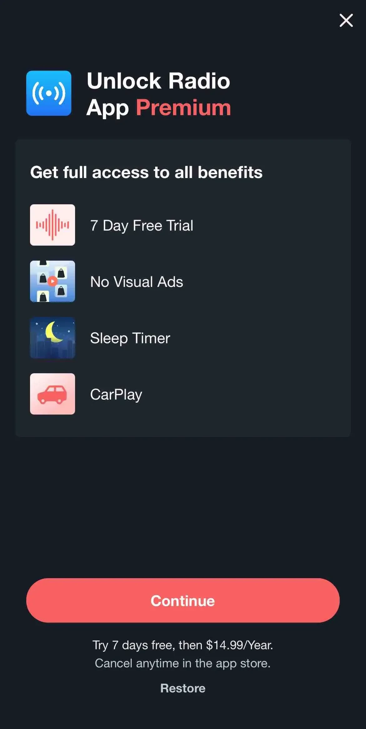 Radio App paywall screen