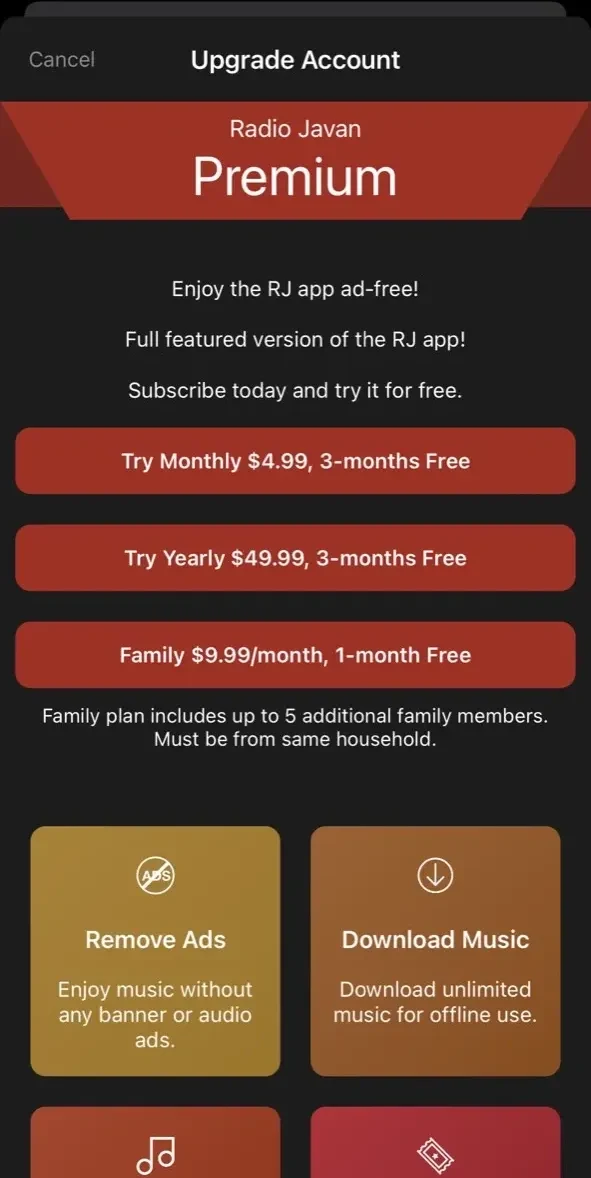 Radio Javan paywall screen