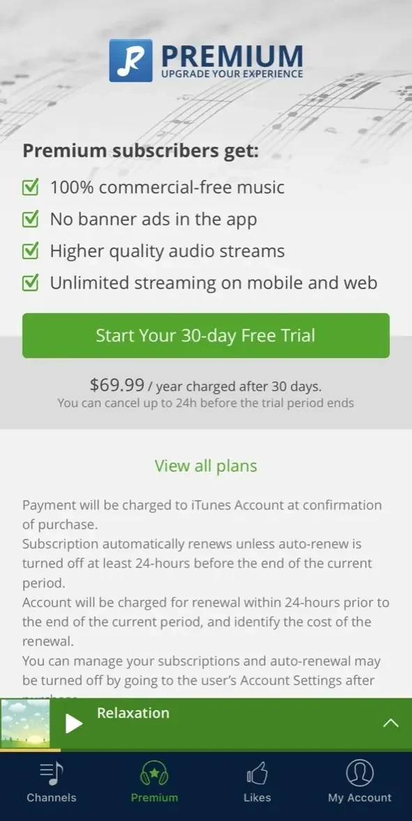 Radio Tunes paywall screen