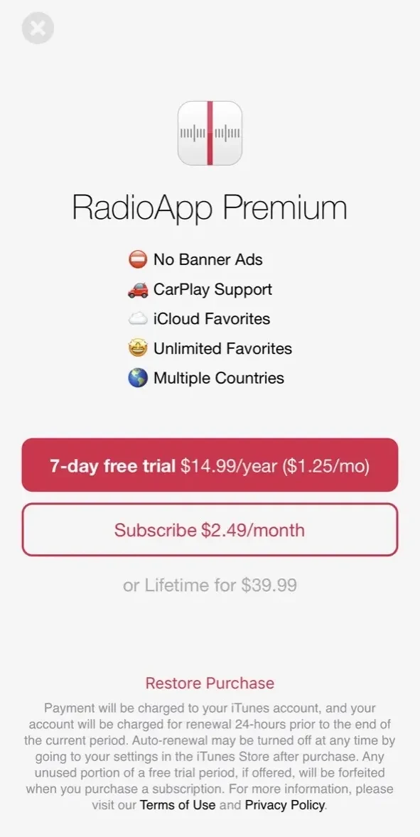 RadioApp paywall screen