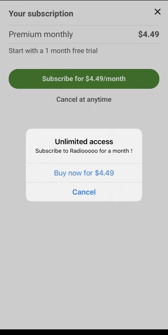 Radiooooo paywall screen