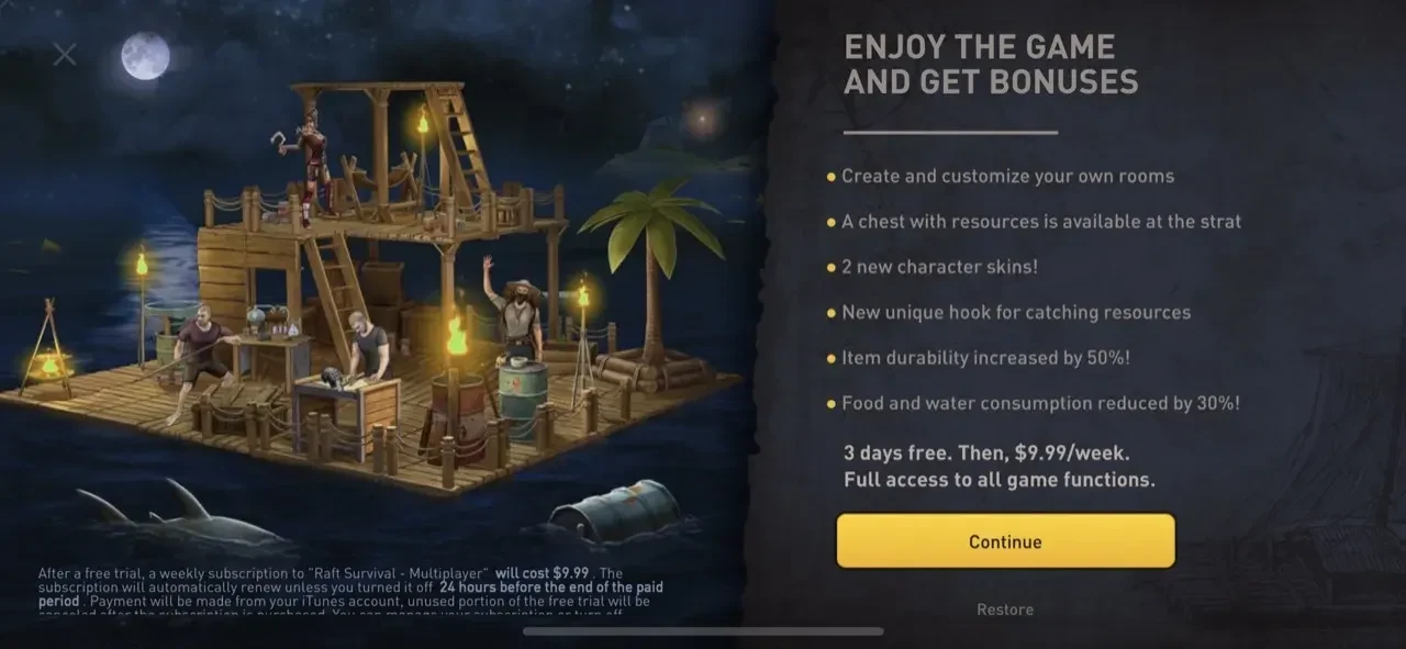Raft paywall screen