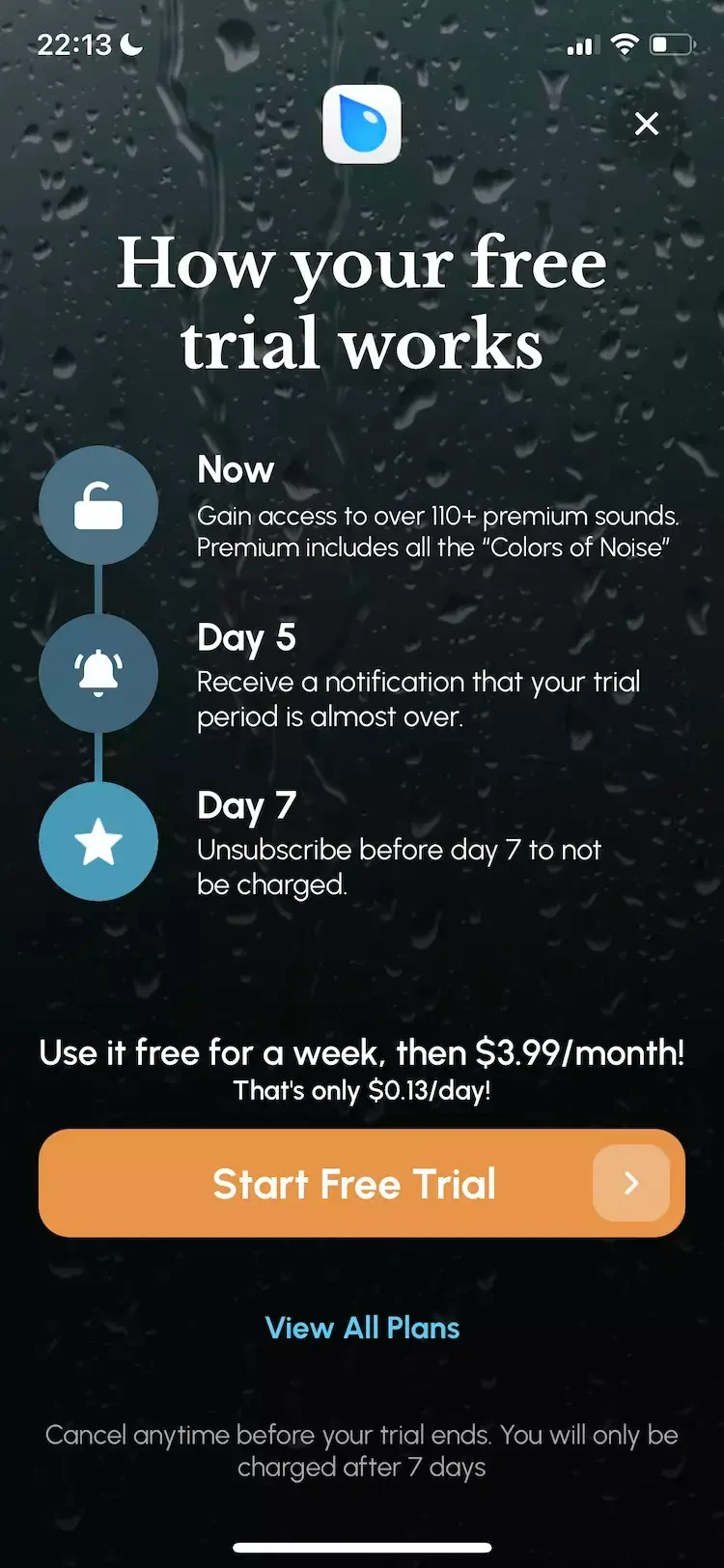 Rain Rain Sleep Sounds paywall screen