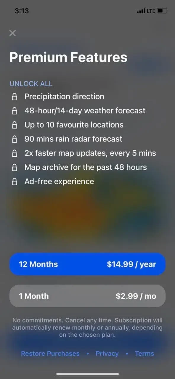 Rain Viewer paywall screen