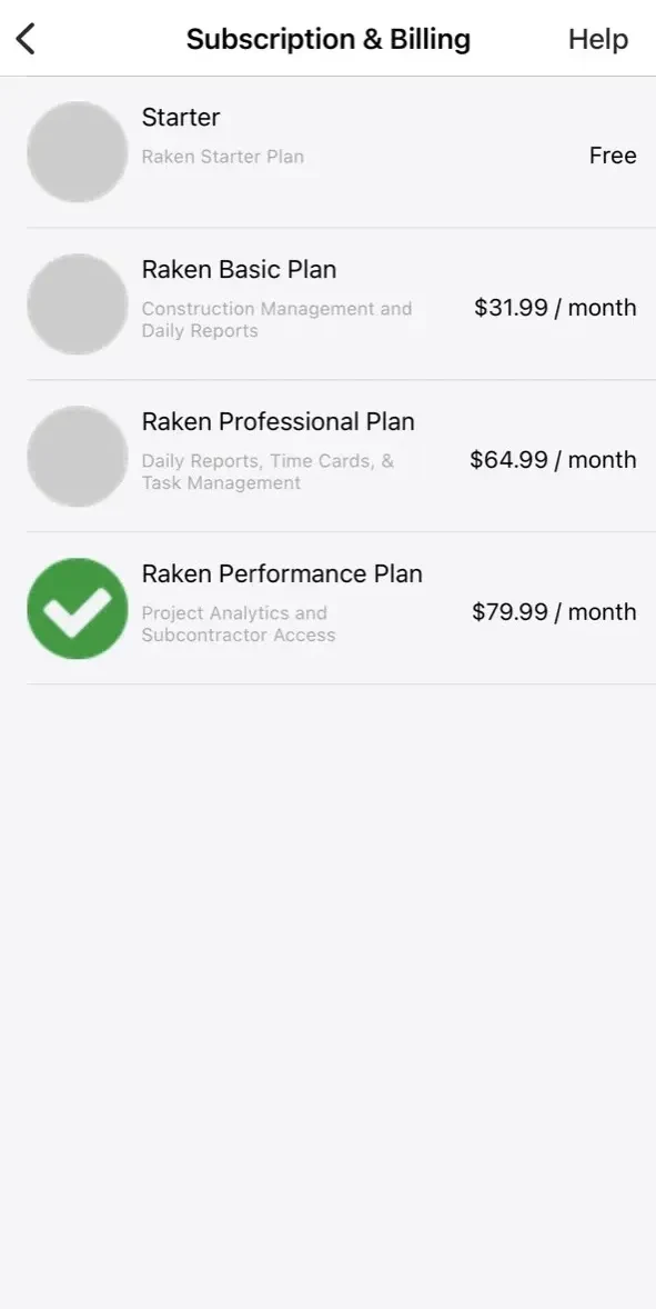 Raken Construction Management paywall screen