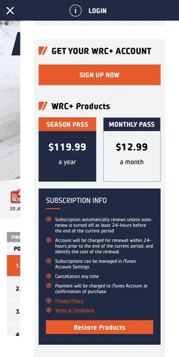 Rally TV paywall screen