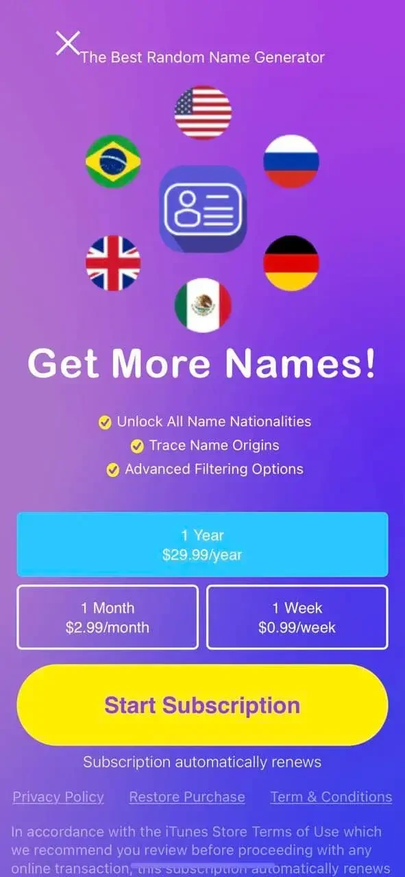 RandomName paywall screen
