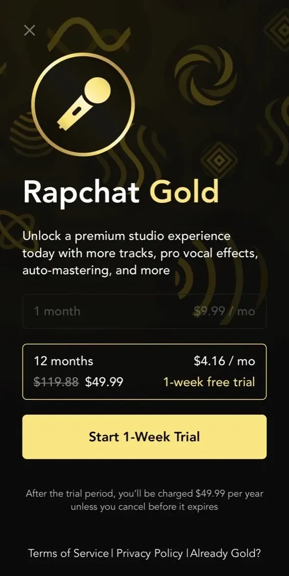 Rapchat paywall screen