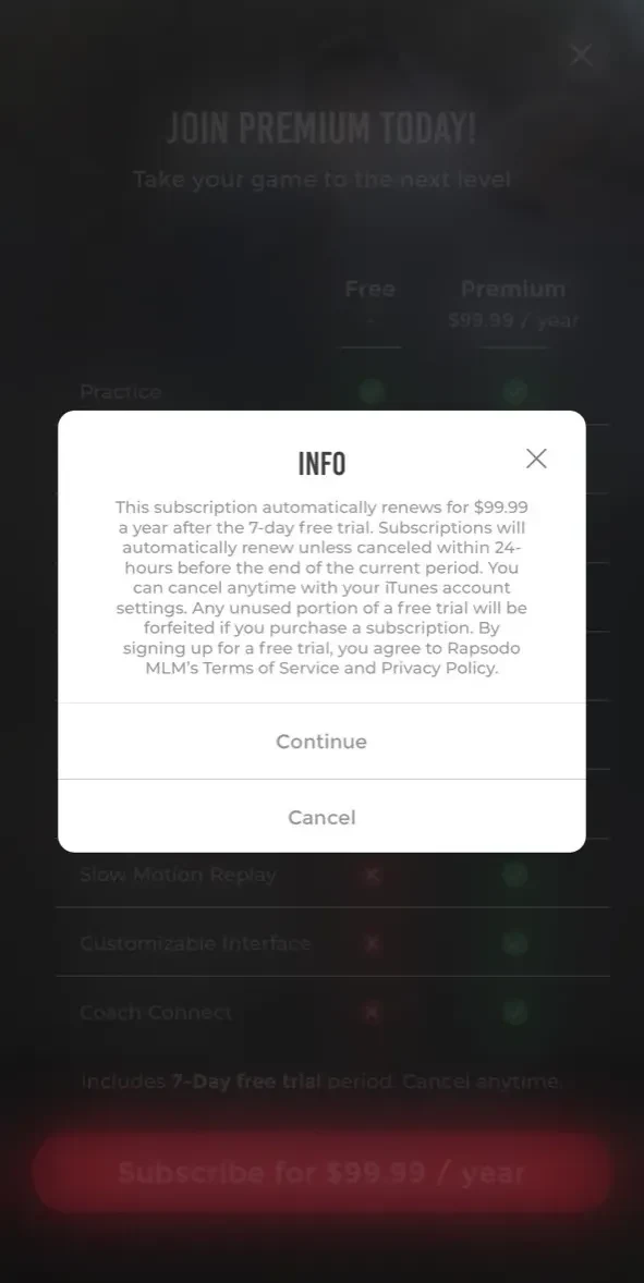 Rapsodo MLM paywall screen