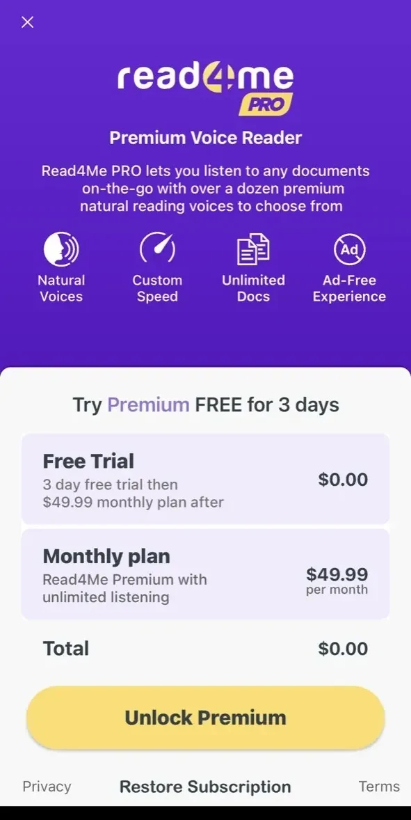 Read4Me paywall screen
