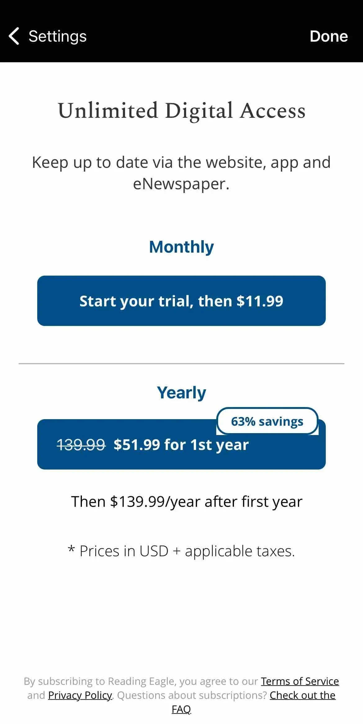 Reading Eagle paywall screen