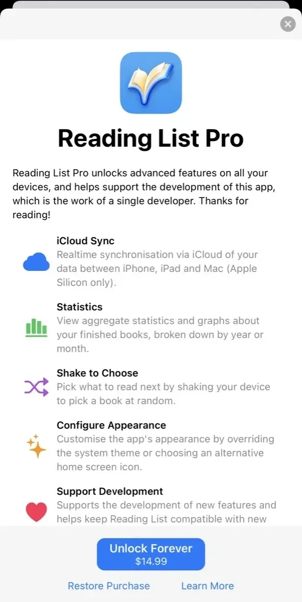 Reading List paywall screen