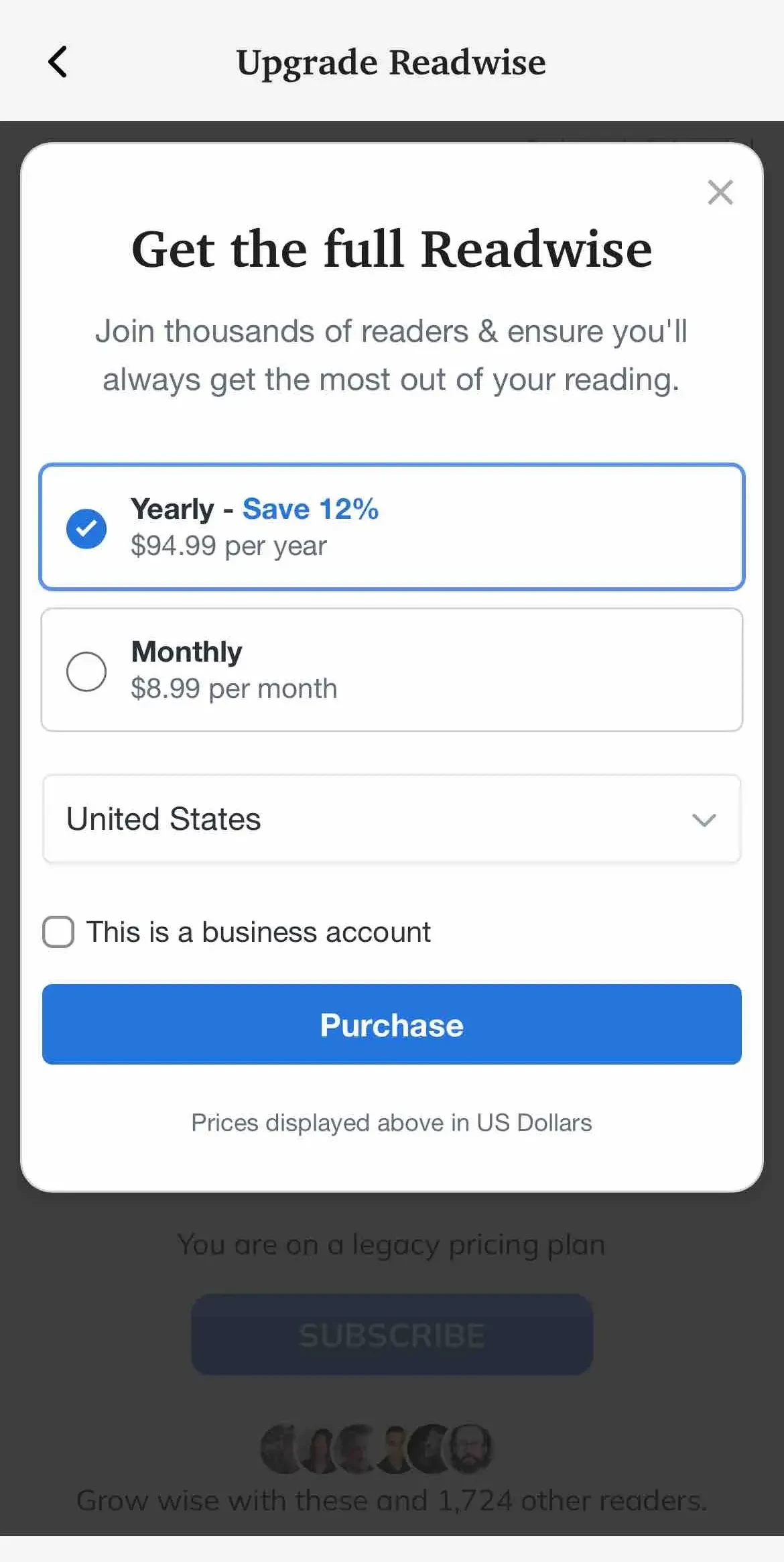Readwise paywall screen