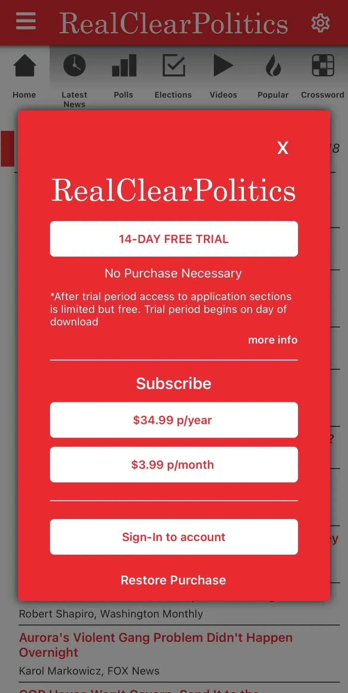 Real Clear Politics paywall screen