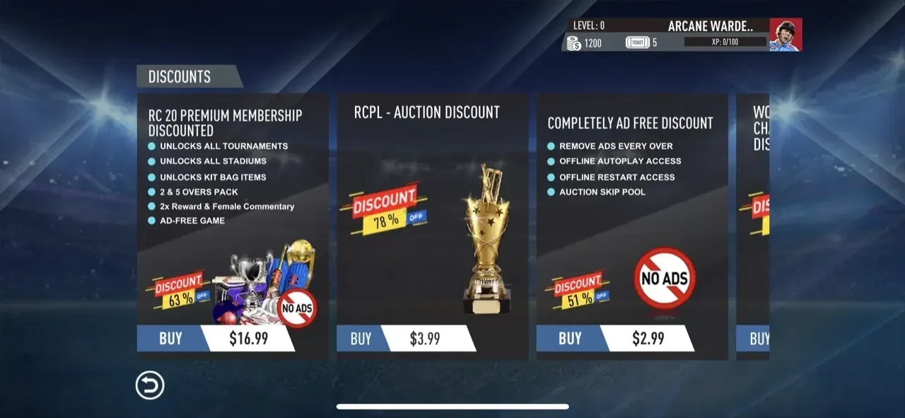 Real Cricket™ 20 paywall screen