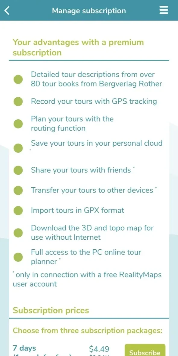 RealityMaps 3D tour planner paywall screen