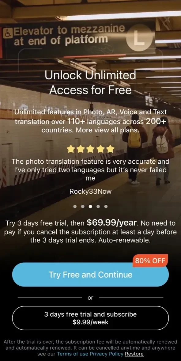 Realtime Translate paywall screen