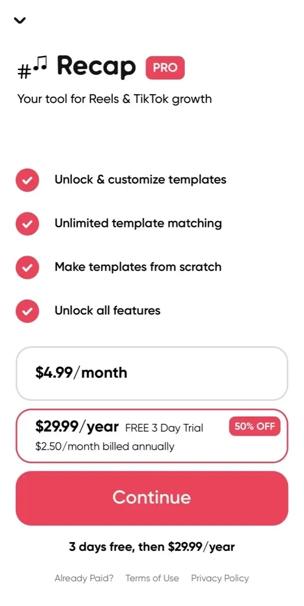 Recap paywall screen