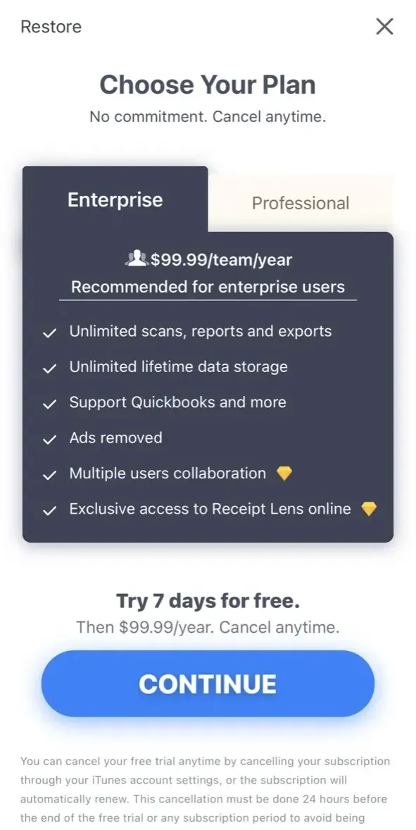 Receipt Lens paywall screen