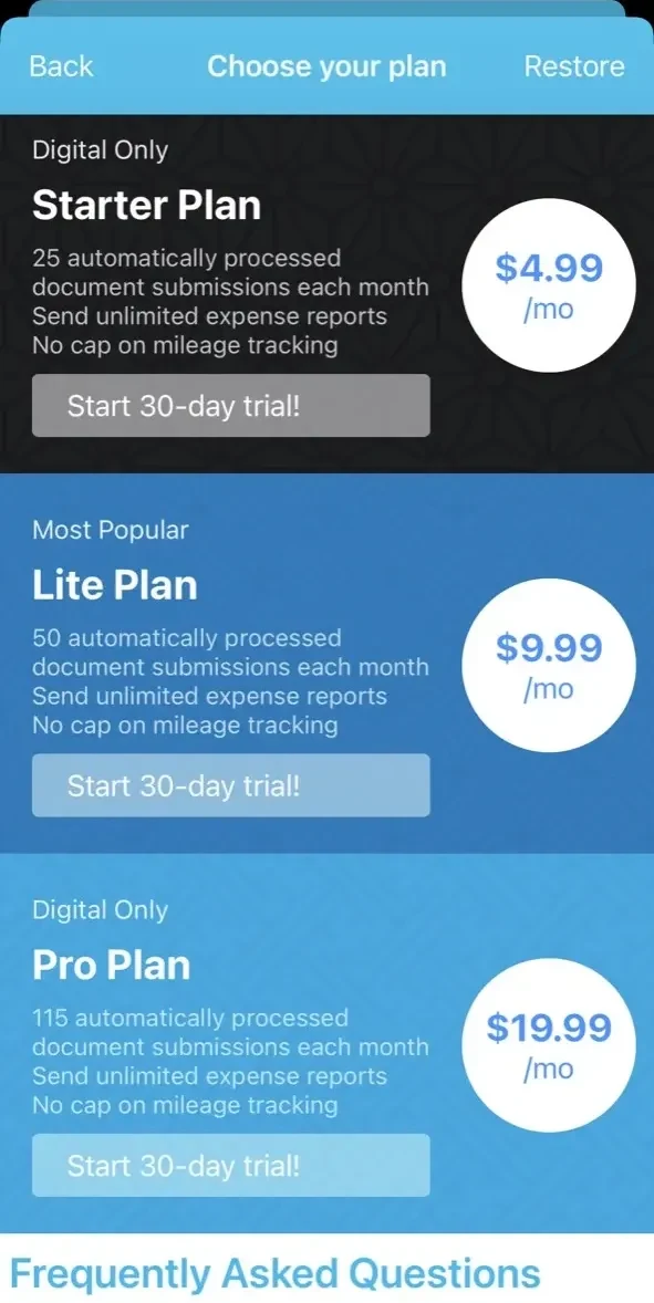 Shoeboxed Receipt Scanner App paywall screen