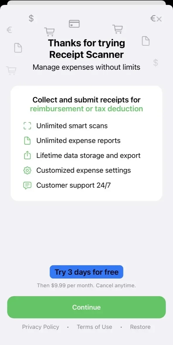 Receipt Scanner paywall screen