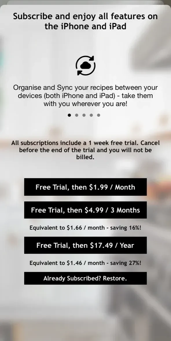 Recipe paywall screen