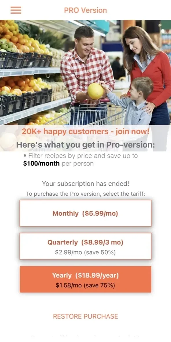 Recipe Calendar paywall screen