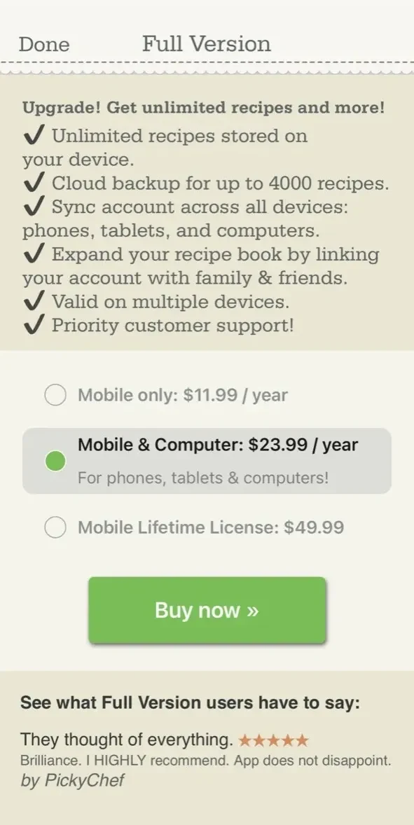 OrganizEat Recipe Keeper paywall screen
