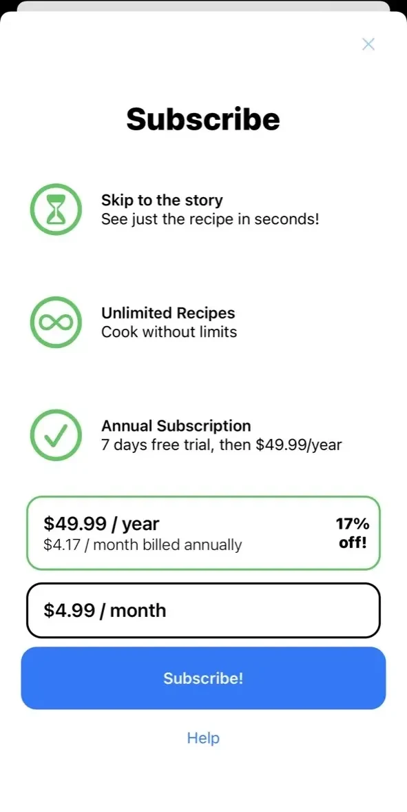 Recipe Reader paywall screen