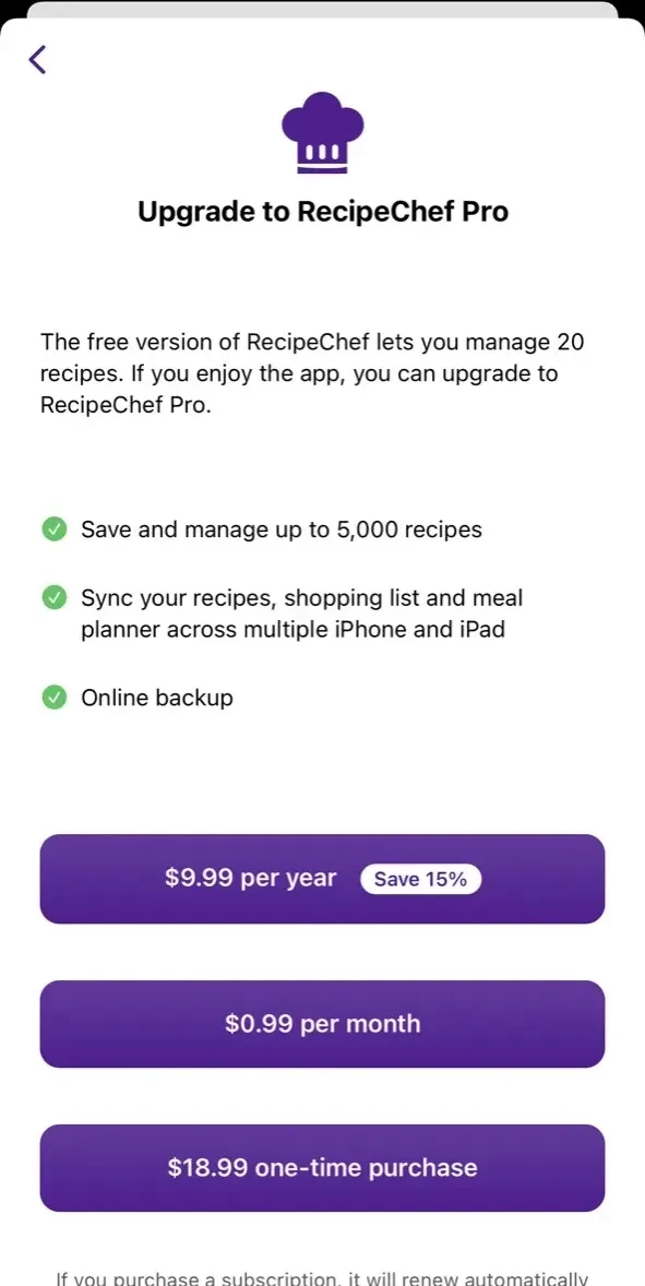 RecipeChef paywall screen