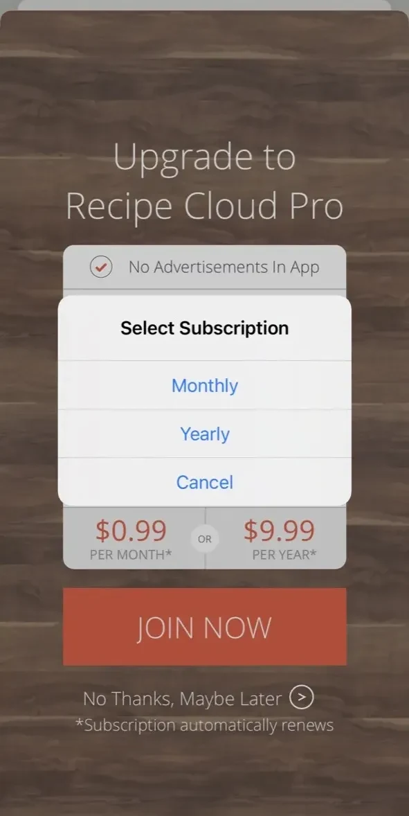 RecipeCloud paywall screen
