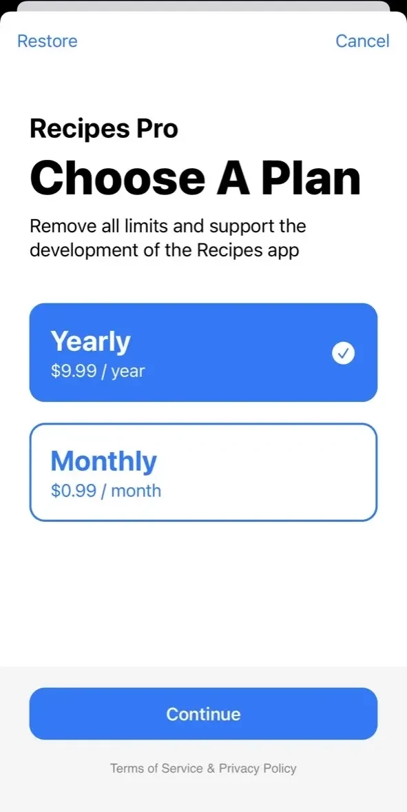 Recipes paywall screen