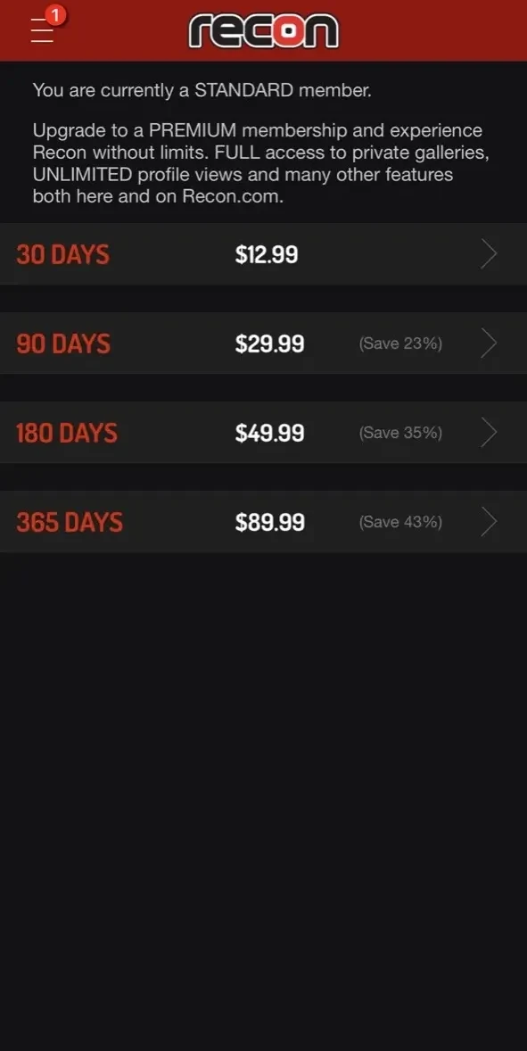 Recon paywall screen