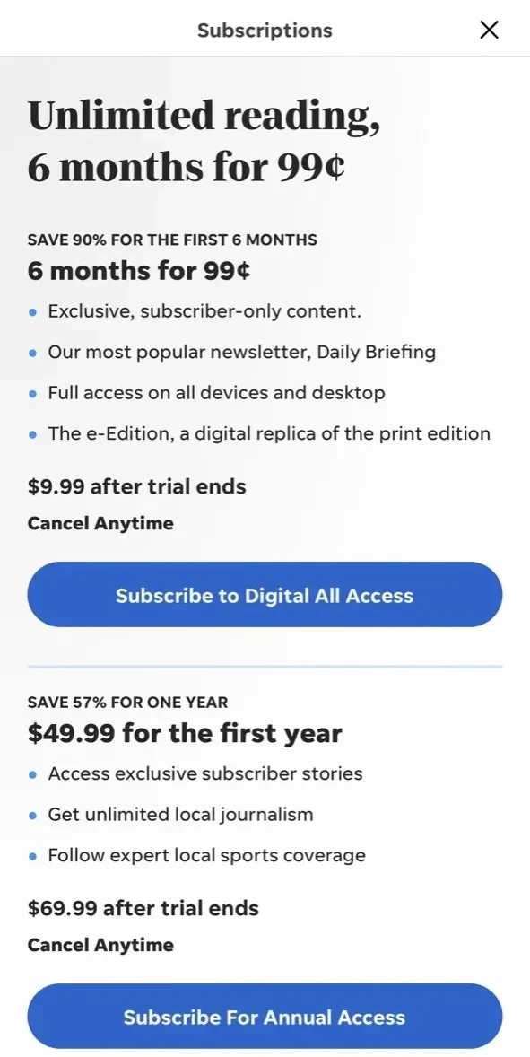 Record Searchlight paywall screen