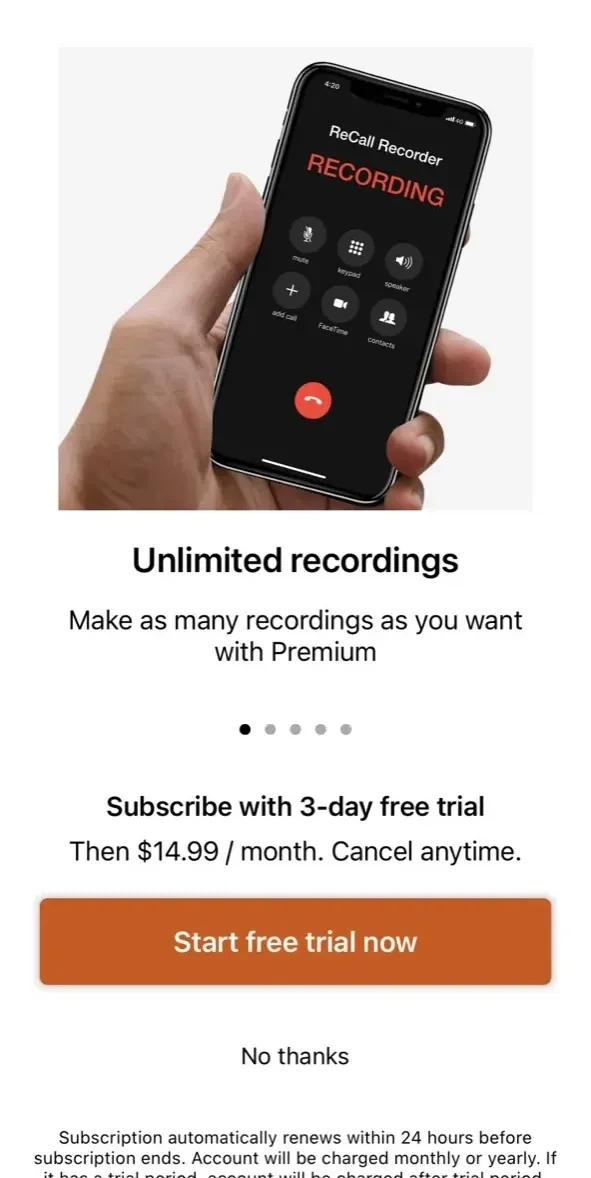 Recording App paywall screen