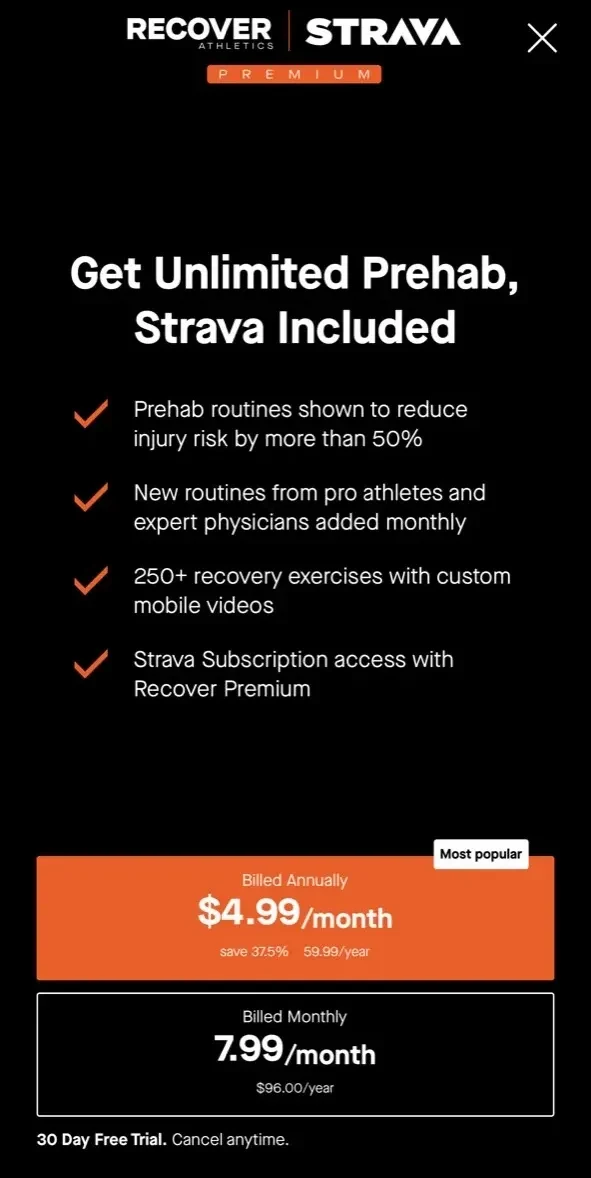 Recover Athletics paywall screen