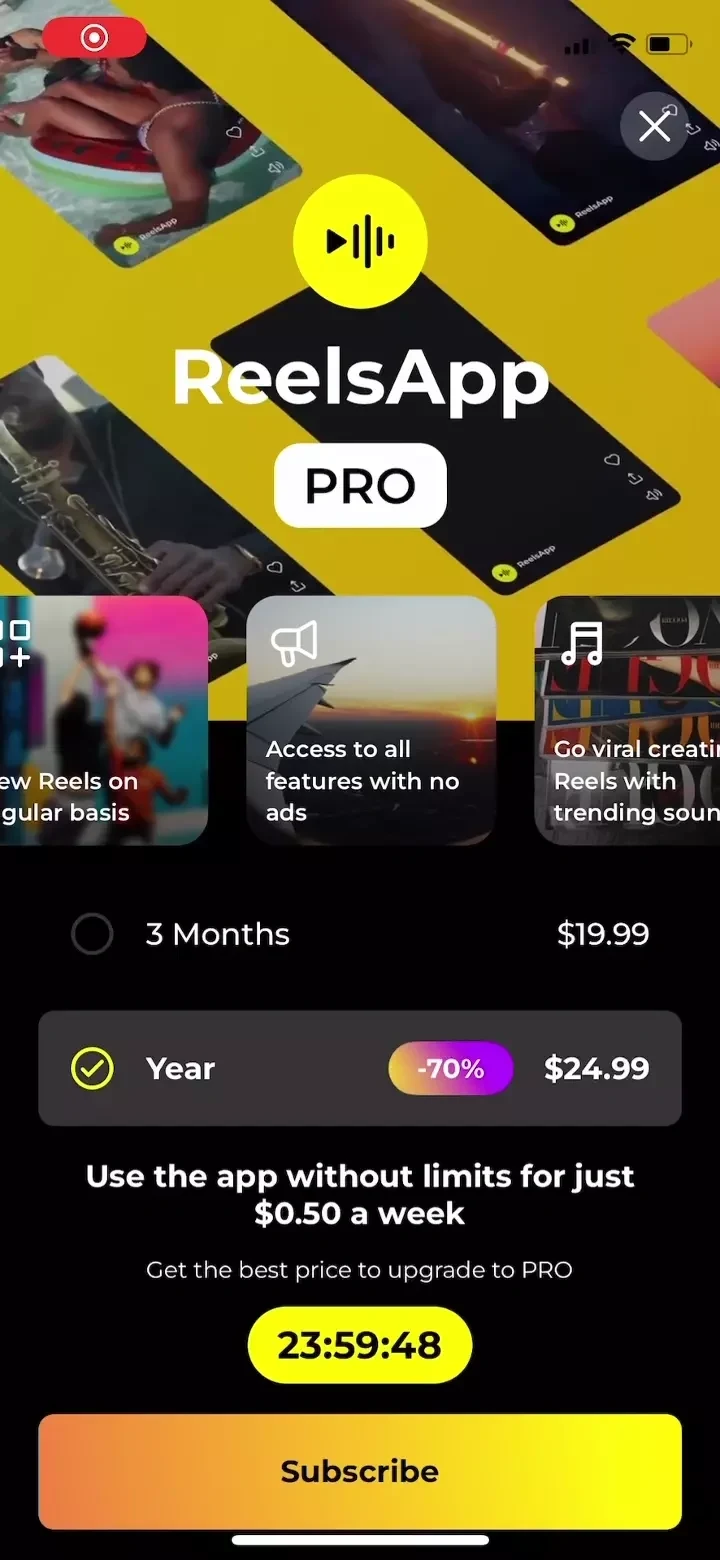 Reelsapp paywall screen