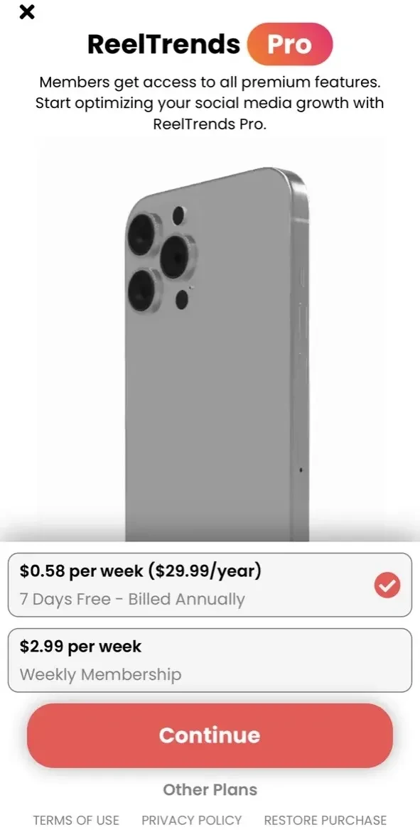 ReelTrends Templates paywall screen