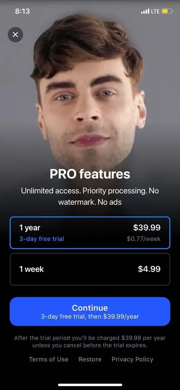 Reface paywall screen