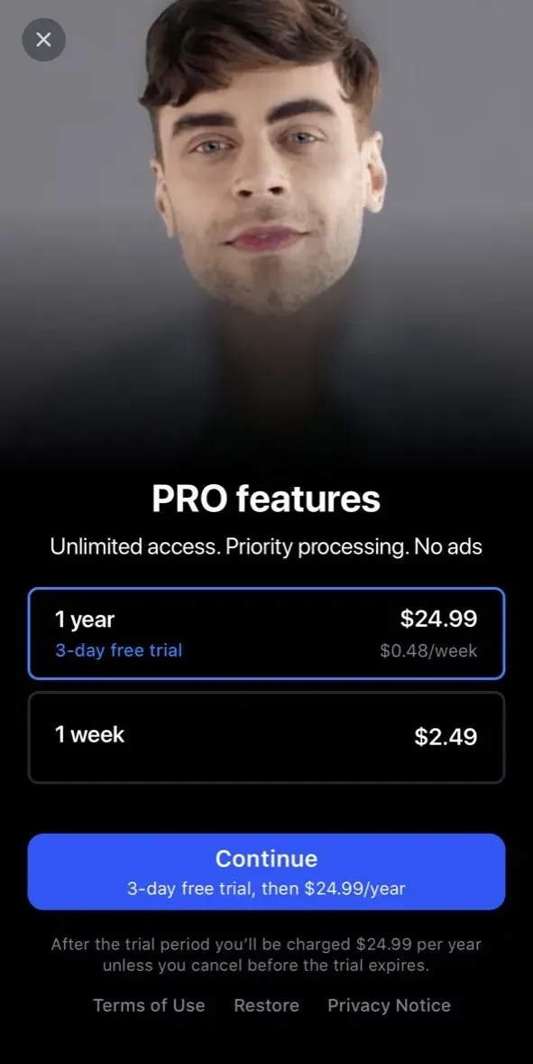 Reface paywall screen