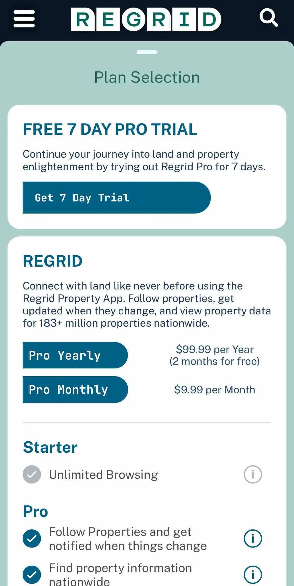 Regrid Property App paywall screen