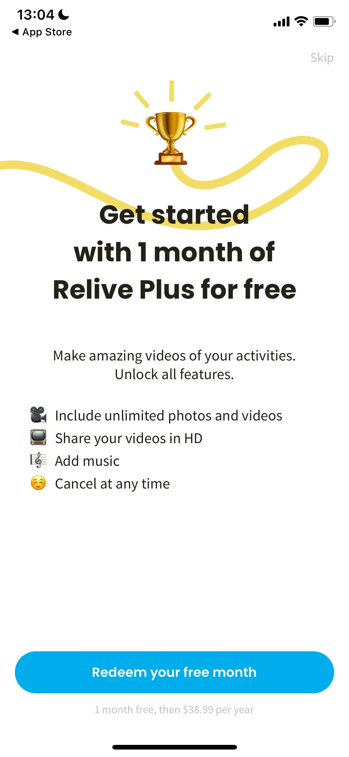 Relive paywall screen