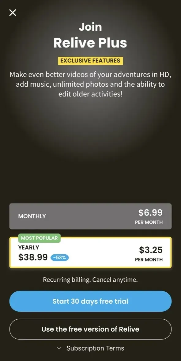 Relive paywall screen