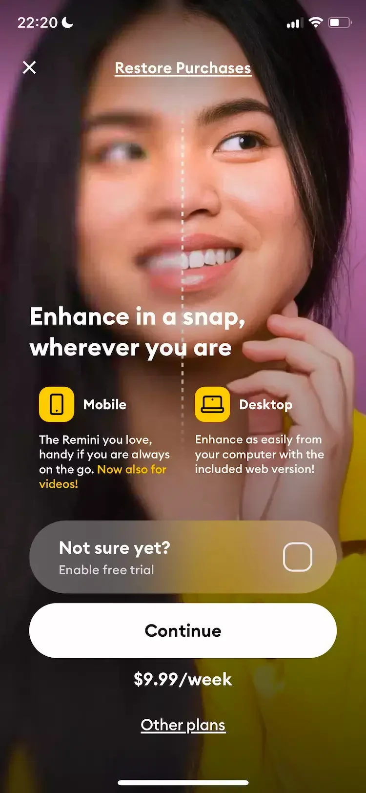 Remini paywall screen
