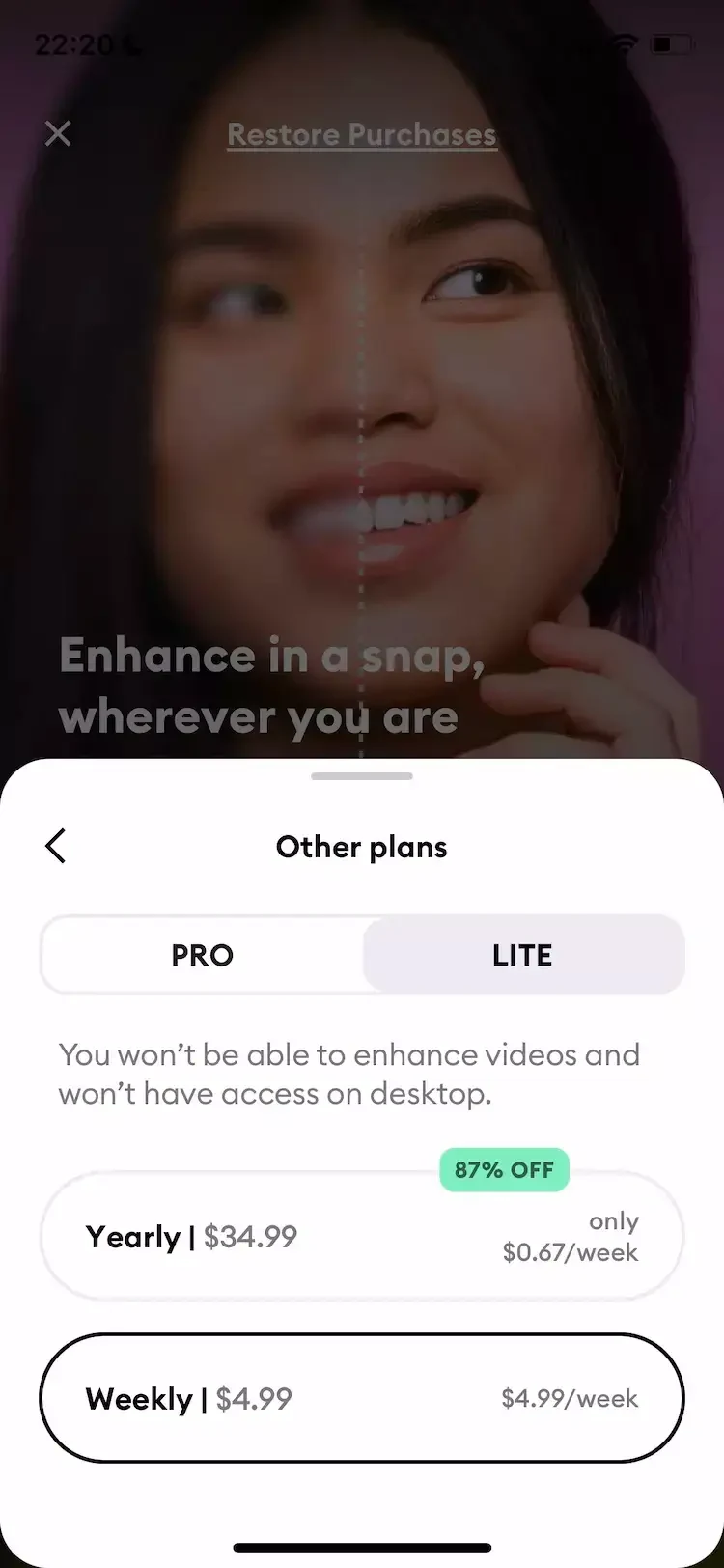 Remini paywall screen