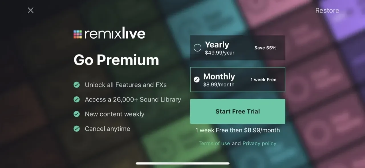Remixlive paywall screen