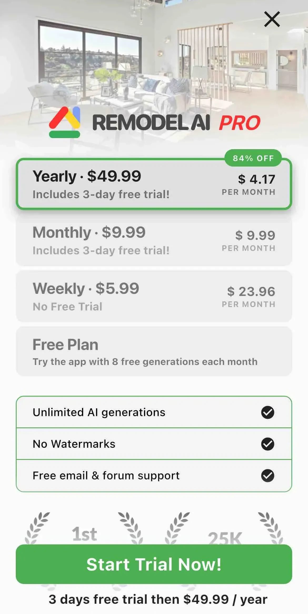 Remodel AI paywall screen