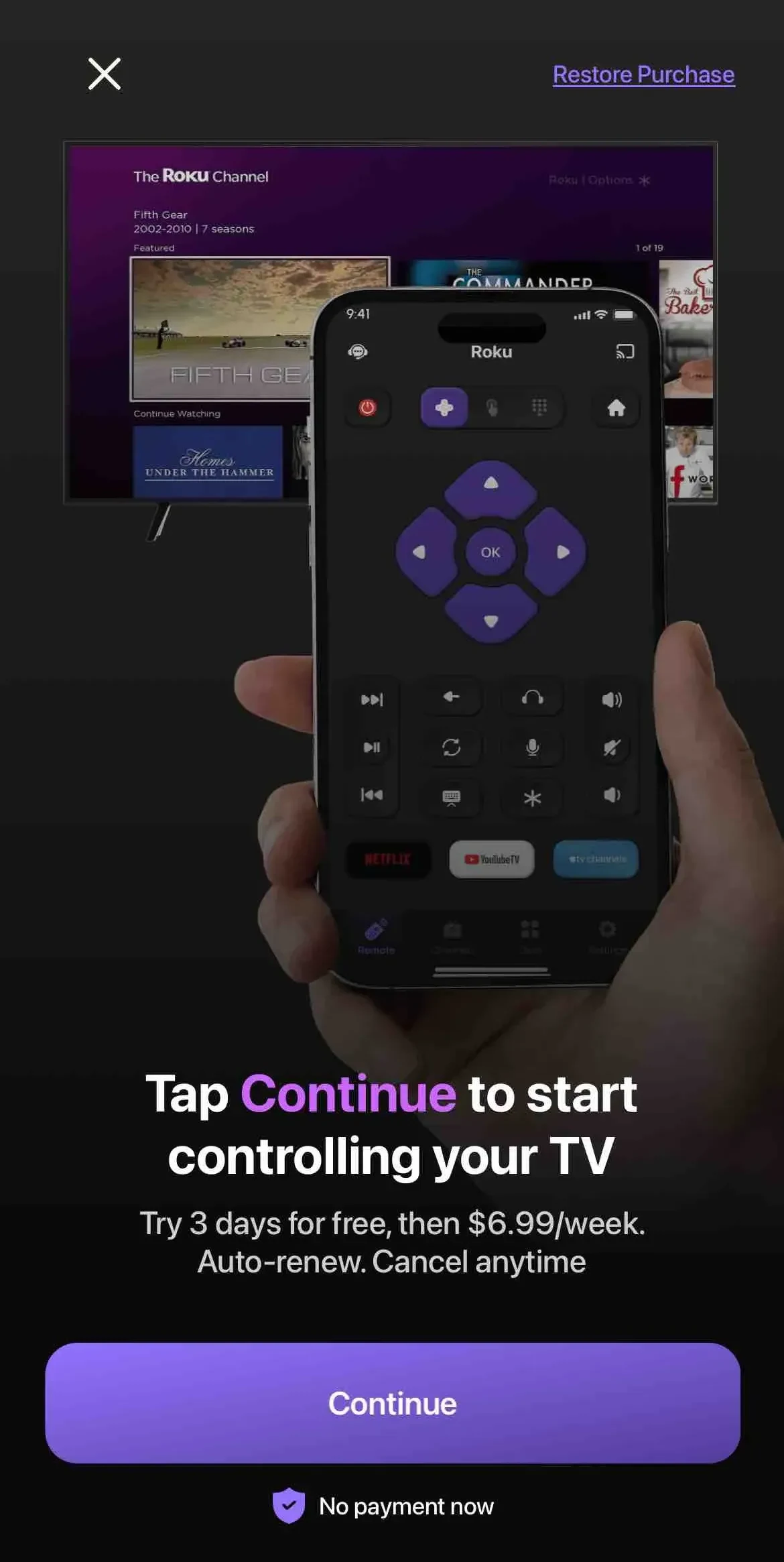 Remote for Roku TV paywall screen